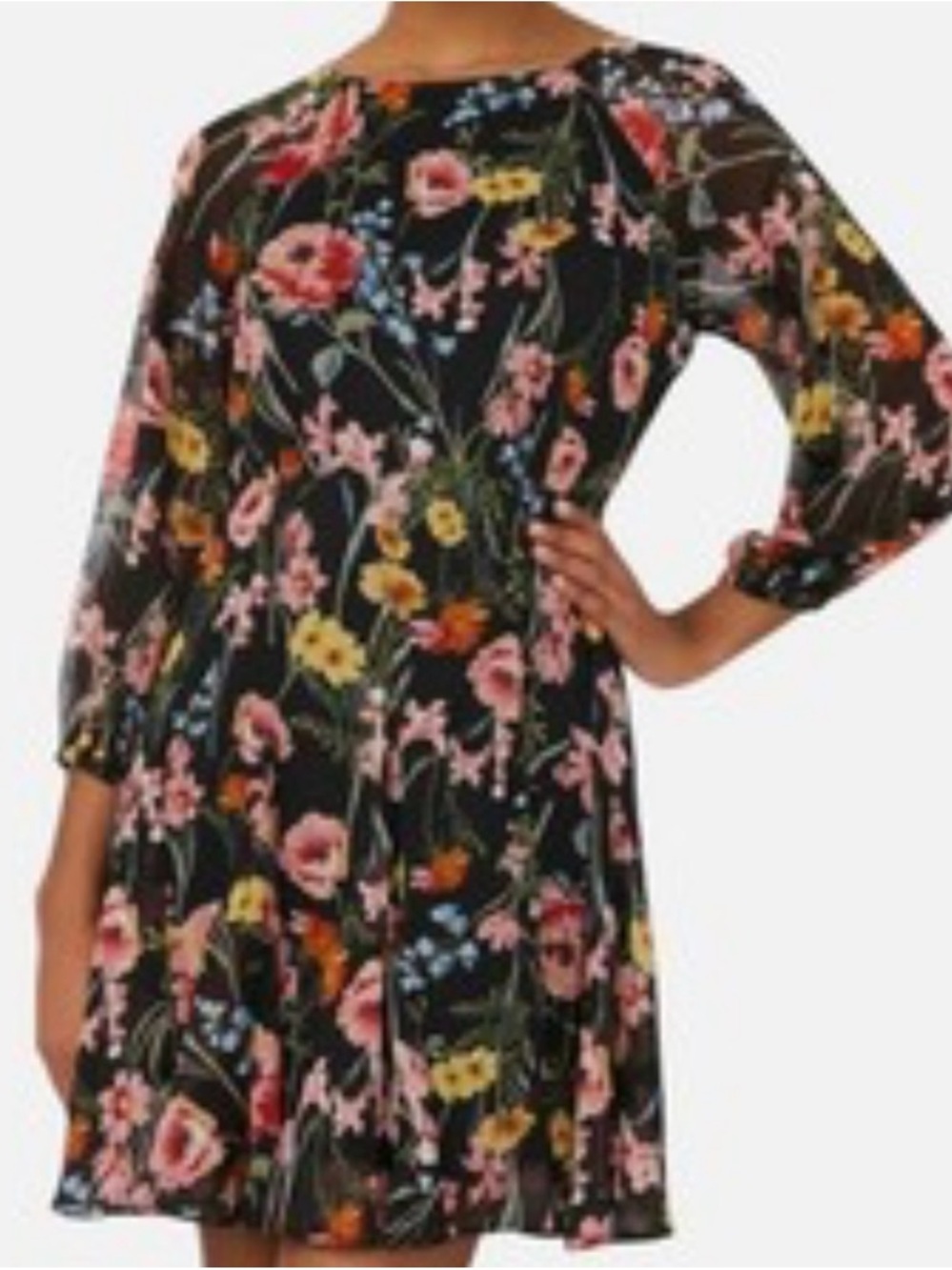 MSK Black Floral Midi Dress with Pink, Yellow and Blue Flowers